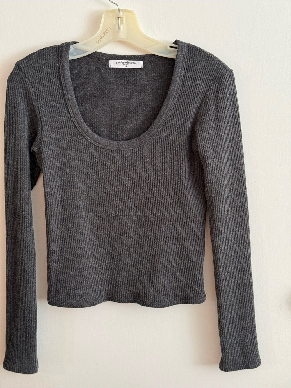perfectwhitetee Ribbed Scoop Neck Long Sleeve Top - Charcoal
